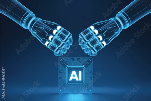 Futuristic AI Robotic Hands & AI Chip Digital Illustration