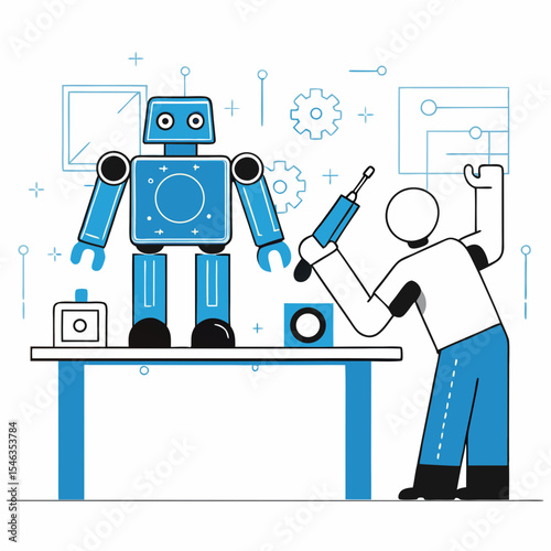 Engineers Assembling Artificial Intelligence Robot for Future Technology and Automation,

