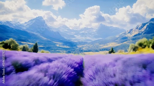 Scenic Lavender Fields with Majestic Mountains and Blue Sky