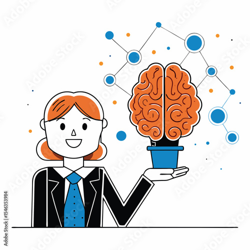 Businesswoman holding Presenting an Innovative Brain Idea with Connected Network Lines Vector,
