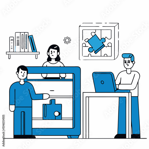 Team Innovation and Problem-Solving: Professionals Utilizing Technology with a 3D Printer and Puzzle Pieces, Symbolizing Collaboration and Development.

