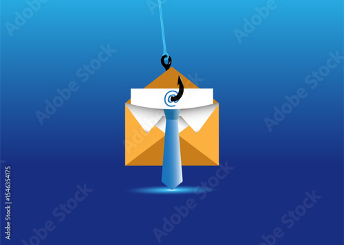 Concept of cyber attack. Whaling, Phishing Attacks Targeting Executives. Paper mail letter with metal hook.