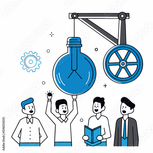 Collaborative Innovation and Problem Solving: A Team Working Together on a New Idea, Represented by a Lightbulb, and a Pulley Mechanism.


