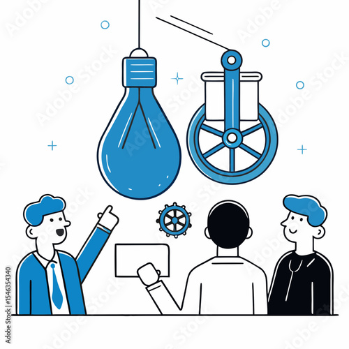 Teamwork and Innovation: Professionals Collaborating on a New Idea, Utilizing a Pulley System and Lightbulb Symbolizing Efficiency and Creative Solutions.


