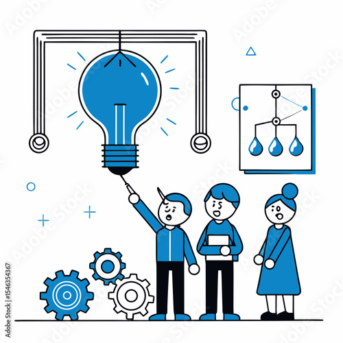 Innovation and Problem Solving: A Team Collaborating on a New Idea, Represented by a Lightbulb, with Gears and Data Flow.

