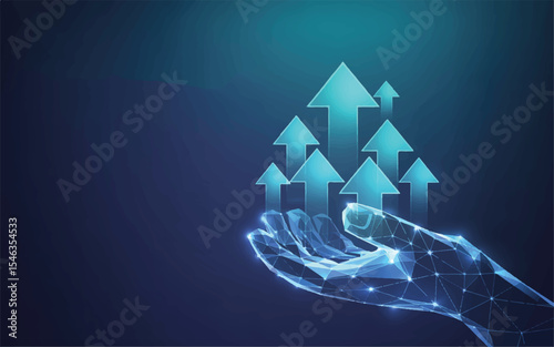 Futuristic Hand Holding Rising Arrows Growth Concept