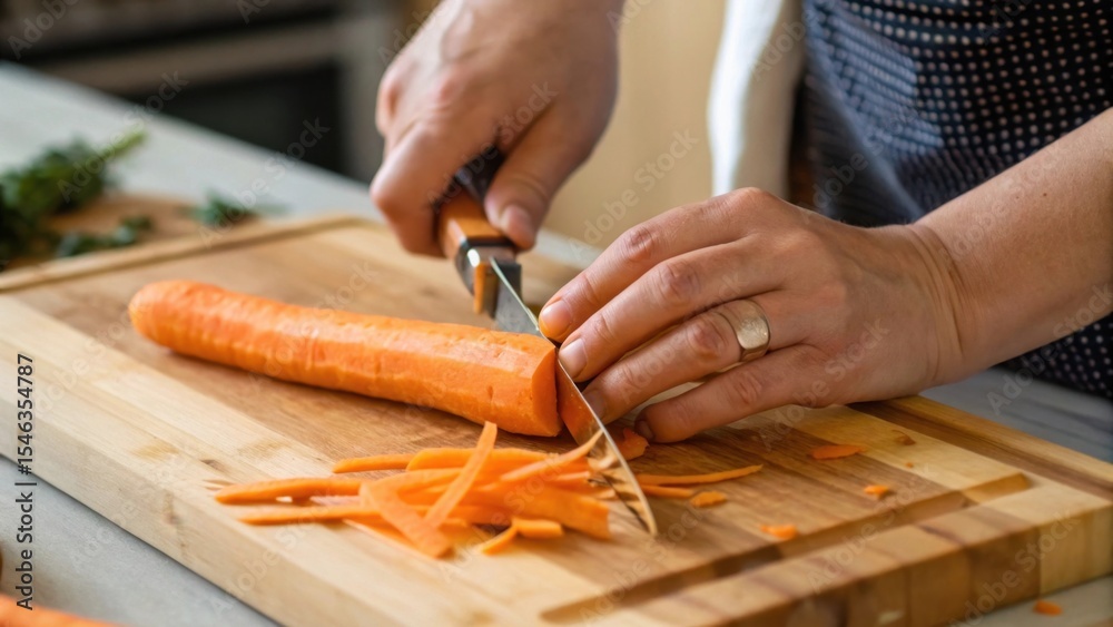 Obraz premium Chopping fresh carrots on a wooden cutting board.