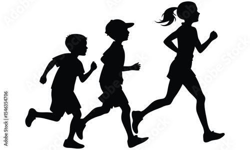 Silhouettes of three children running energetically outdoors in a race