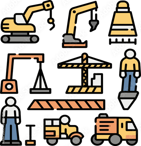 Bold flat design of labor construction icon showing heavy equipment crane safety cone helmet lifting hook caution sign and construction workers.