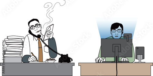 デスクワークの昭和のサラリーマンと令和のビジネスマン。仕事中の日本人男性のベクターイラスト