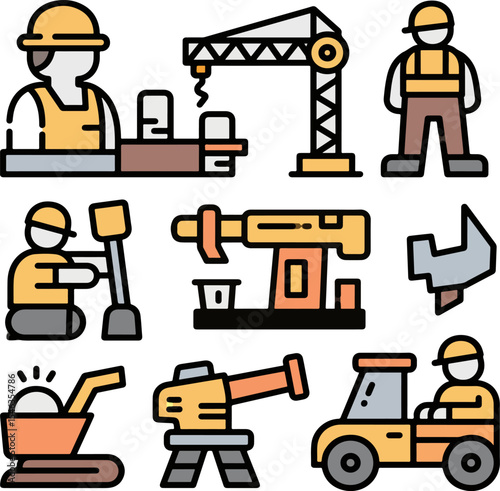 Creative labor construction icon set with worker activities like lifting welding painting cutting assembling construction tasks in work setting.