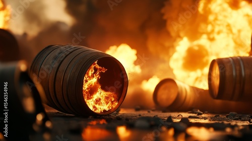 burning barrels and oil tanks mid-explosion, chaos in every direction