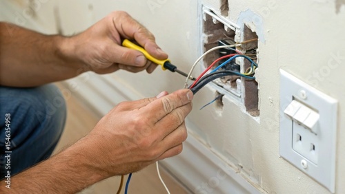 Electrician fixing wires in a wall outlet with a screwdriver.