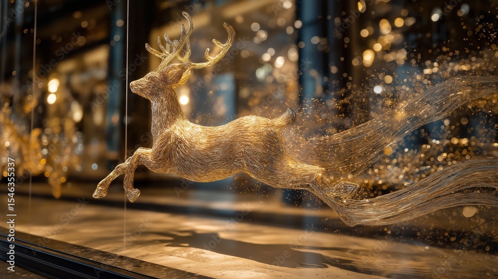 Obraz premium A golden reindeer made of glowing threads flying in a store window, surrounded by sparkling light, evoking holiday magic and wonder.