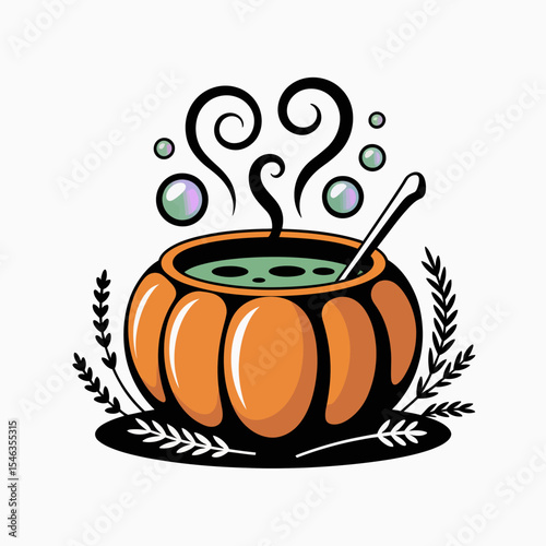 A steaming cauldron shaped like a pumpkin is surrounded by decorative leaves, and appears to be bubbling with a mysterious green liquid