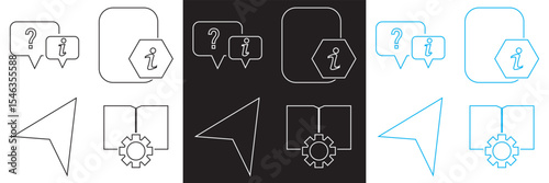 Guide  icon set. Contains icons related to guide, information, instructions etc. Vector illustration . Isolated on white and black background. EPS 10