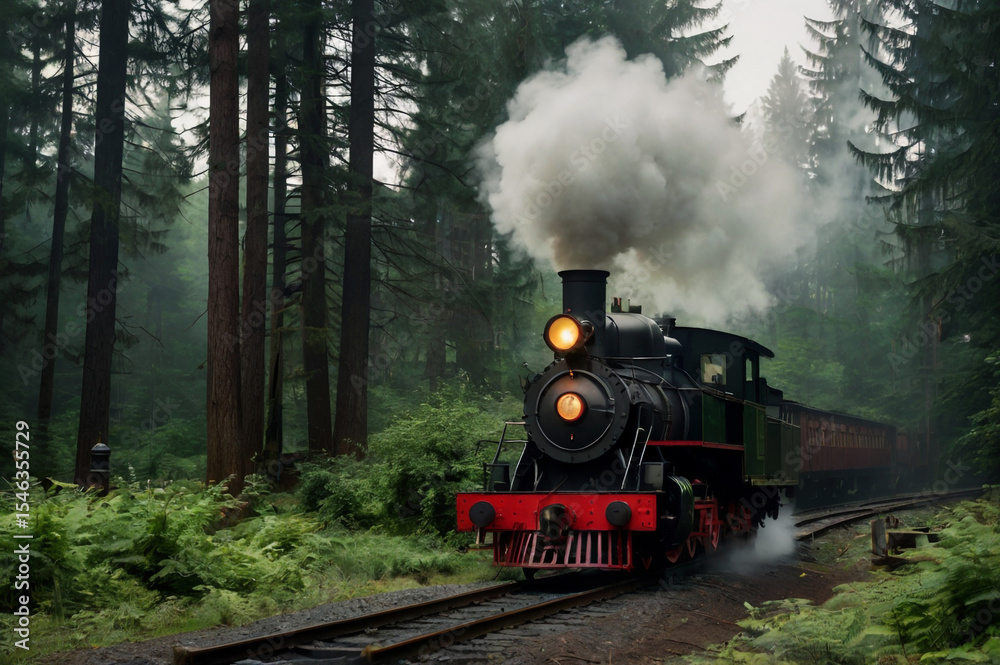 Fototapeta premium Steam train journey through lush forest