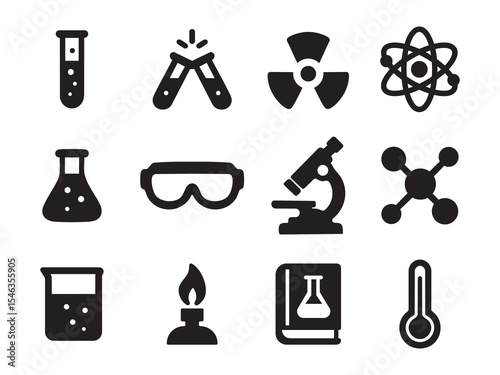 Chemistry-themed vector icon set including flasks, beakers, molecules, atoms, test tubes, and lab equipment in flat science design.