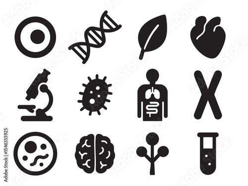 Flat vector icon set of biology elements including DNA, cells, organs, leaf, animals, and human anatomy for education and science use.