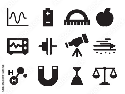 Vector icon set of physics tools and concepts. Includes light bulbs, waves, energy symbols, gravity, magnet, gears, and formulas in flat style.