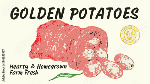 Illustration of golden potatoes with farm fresh text and a seal indicating homegrown and hearty produce