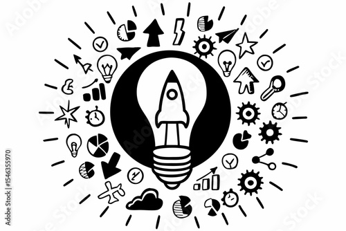 Innovative Startup Launch Idea with Business Growth and Development Icons

