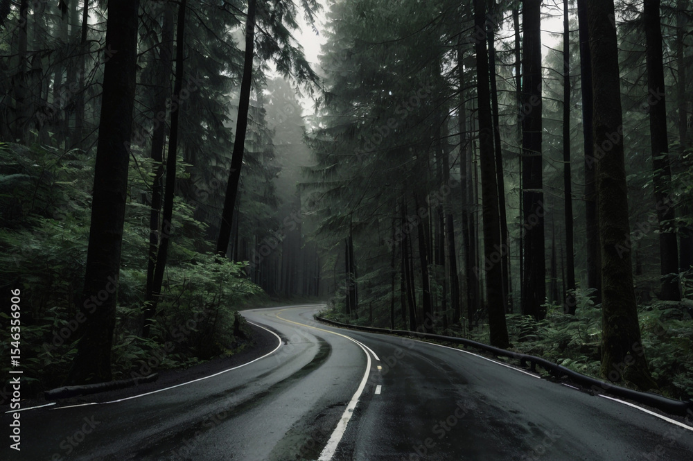 Winding road through dark foggy forest Winding road through dark foggy forest