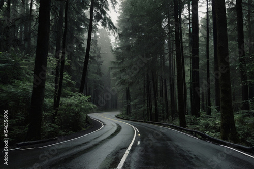 Winding road through dark foggy forest