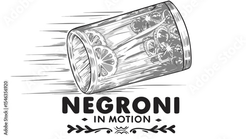 Illustration of a cocktail glass with citrus slices and motion lines indicating movement on a white background