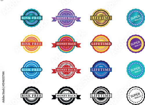 Colorful Vector Guarantee Badge Set with Risk Free, Money Back, Lifetime Warranty, and Super Quality Labels