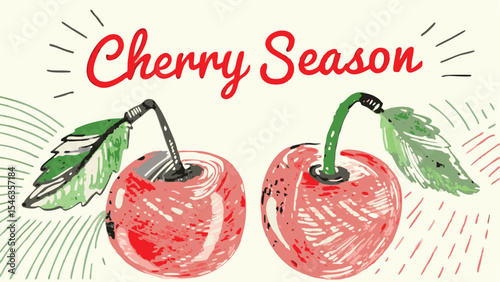 Illustration of two cherries with leaves and stems with the words cherry season written above them neatly