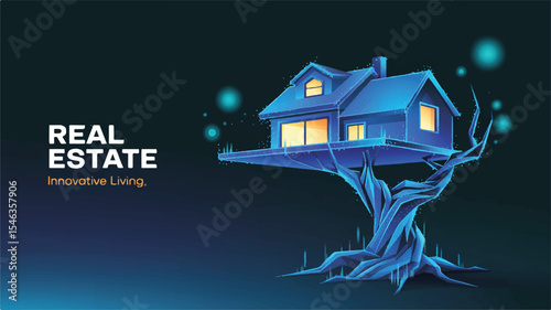 Innovative Low-Poly Treehouse Digital Real Estate Illustration