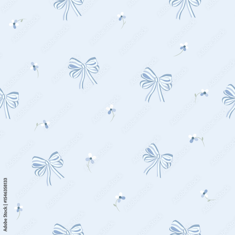 Obraz premium striped white blue bows and flowers seamless pattern , vector , illustration