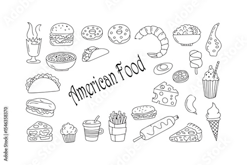 American Food Vector Illustration Black and White Line Drawings Food Icons