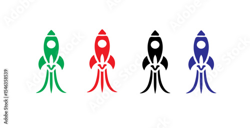 Colorful rockets launching in a row showcasing green red black and blue rockets on a white background design