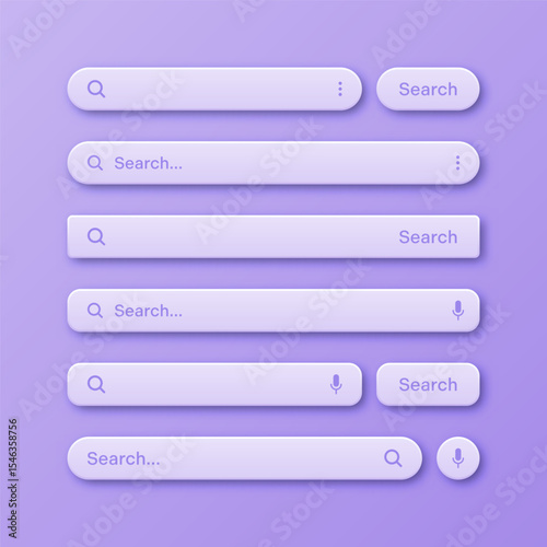 Colorful 3d search bar templates. Internet browser engine with search box, address bar and text field. UI design, website interface element with web icons and push button. Vector illustration