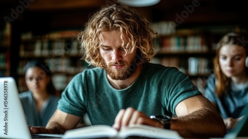 A young man immersed in studying at a library, surrounded by books and focused on his task, exemplifying dedication, learning, and the pursuit of knowledge in a serene setting.