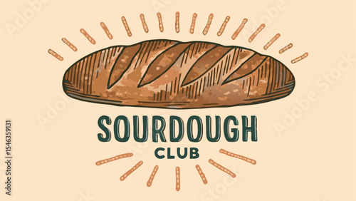 Illustration of a loaf of sourdough bread above the words sourdough club with radiating lines around it