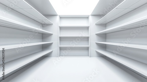 Empty Modern White Shelves in Bright Minimalist Storage Space