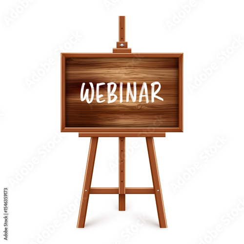 Wooden chalkboard on easel. Blackboard in wooden frame on a tripod. Presentation board with text, writing or drawing surface. Online studying, learning mockup. Vector illustration