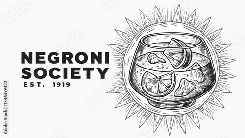 Negroni society logo featuring a detailed illustration of a cocktail glass with ice and citrus slices around it