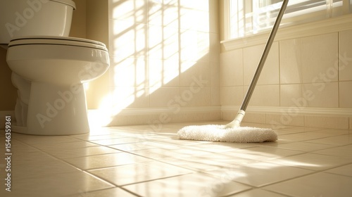 Bright and Clean Bathroom Scene Featuring Freshly Mopped Floor and Toilet