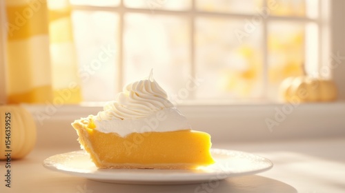 Delicious Slice of Pumpkin Pie with Whipped Cream Against a Soft Kitchen Background