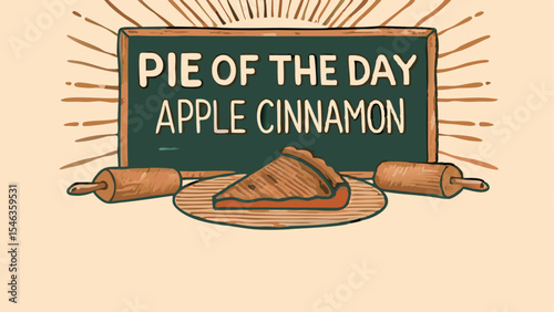 Illustration of a blackboard displaying pie of the day apple cinnamon with a slice of pie and rollers