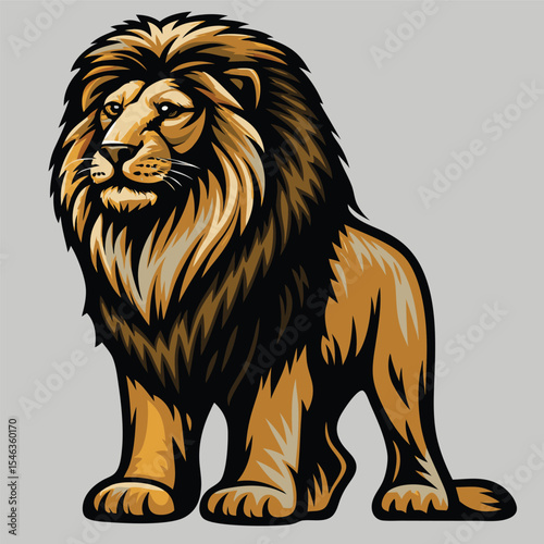 Majestic Lion in Profile: A regal lion with a magnificent mane stands proudly against a neutral backdrop, exuding strength and confidence, a symbol of power and authority. 