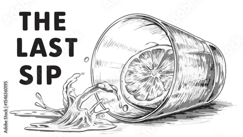 Illustration of a tipped glass with a citrus fruit slice inside and liquid spilling out onto the surface