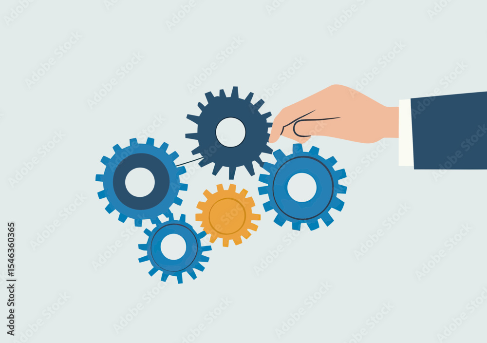Businessman hand adjusting interconnected blue and orange gears teamwork concept flat vector illustration for process optimization and strategy success Businessman hand adjusting interconnected blue and orange gears teamwork concept flat vector illustration for process optimization and strategy success