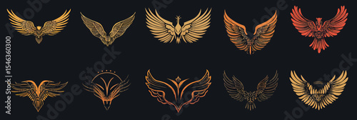 Set of twelve vintage wing emblems and eagle silhouettes in flat minimalist vector style with gold and bronze gradients on dark background for aviation and tattoo designs
