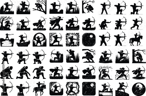 Silhouette of Archery Pose – Bow and Arrow Icon Collection Archer Aiming Bow Icon Silhouette Set – Precision and Focus Design Pack