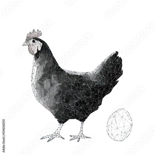 Low poly black chicken and egg vector illustration made of thin lines and polygonal mesh on white background minimalist flat design drawing for food and animal concept